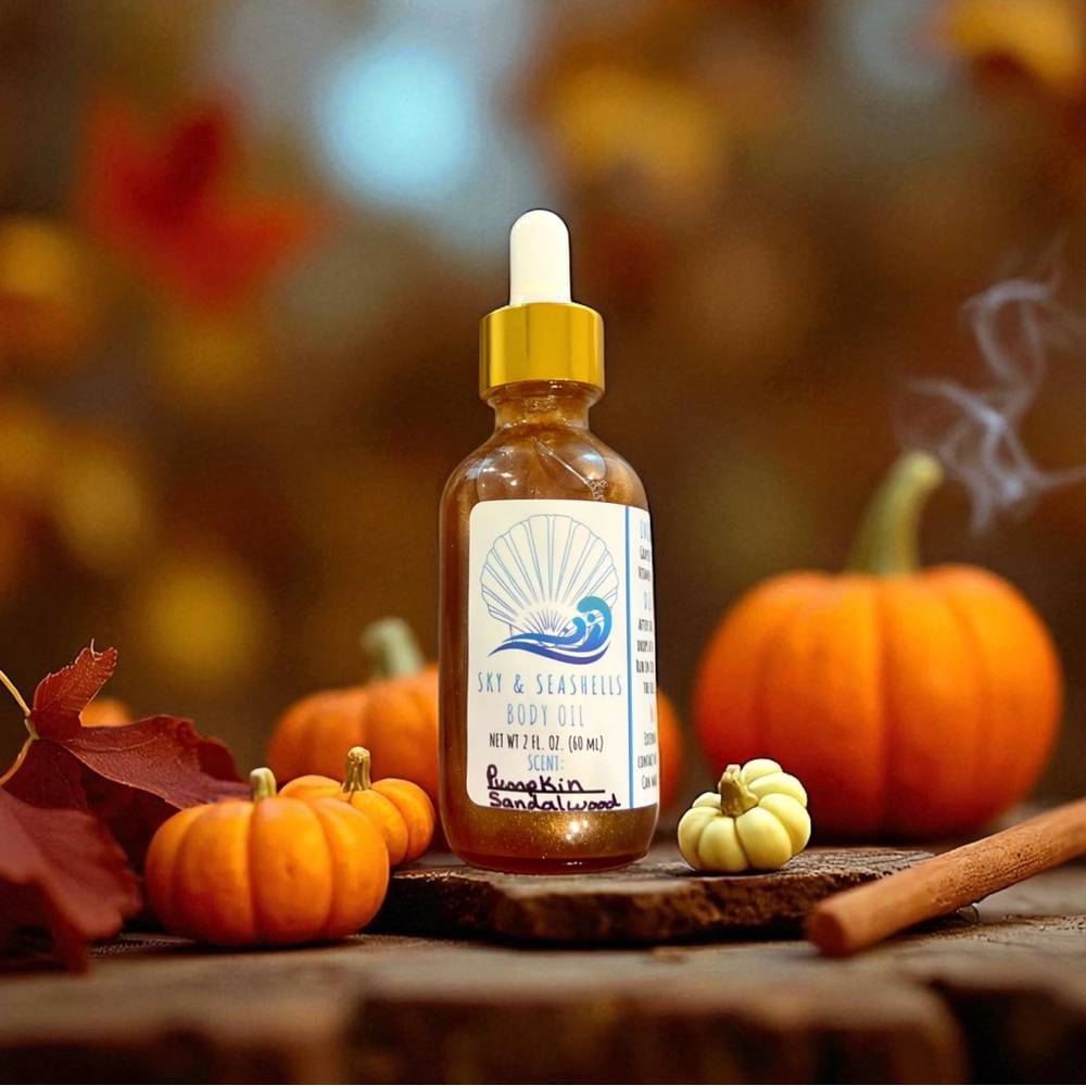 Hand Crafted “Pumpkin Sandalwood” Scented Body Oil by Sky & Seashells Skincare